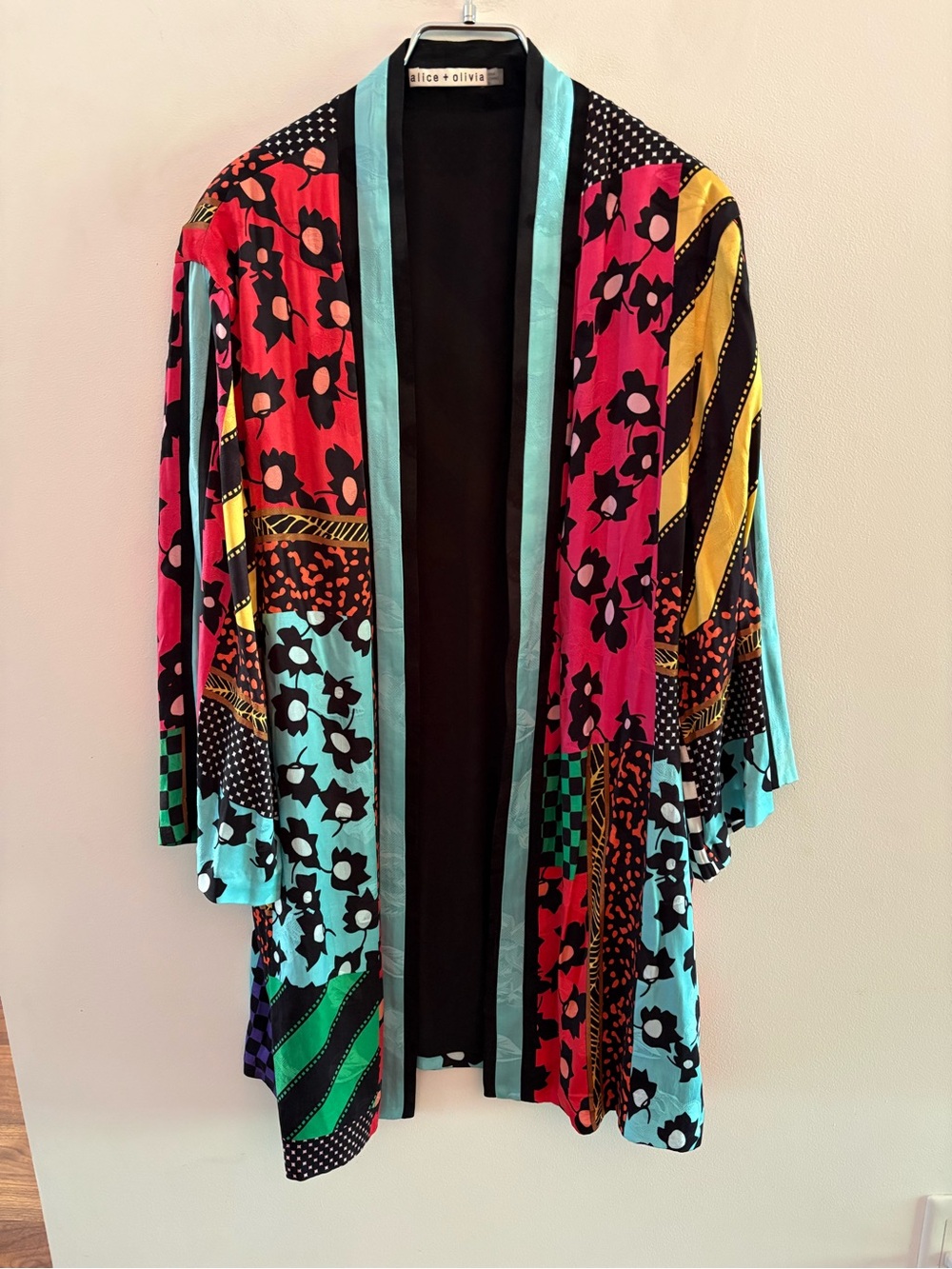Alice + Olivia Multicolour Patchwork  Patterned Kimono Robe with Black Sash M/L